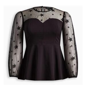 Torrid Black Peplum Blouse Top 2X Mesh Sleeves & Neck Sparkly Stars Whimsygoth